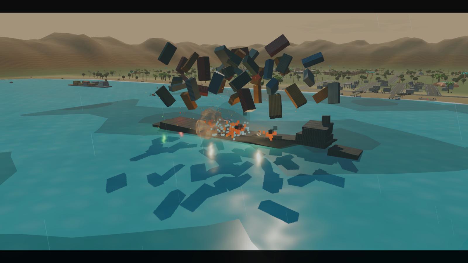 A container freighter exploding in the strait, cargo thrown skyward