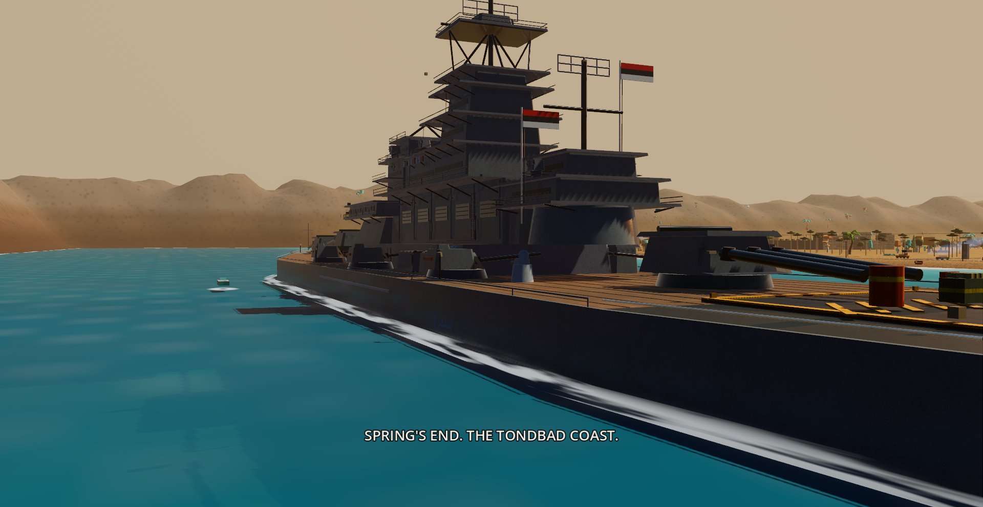 The battleship Simorgh flying rebel colors off the liberated Tondbad coast
