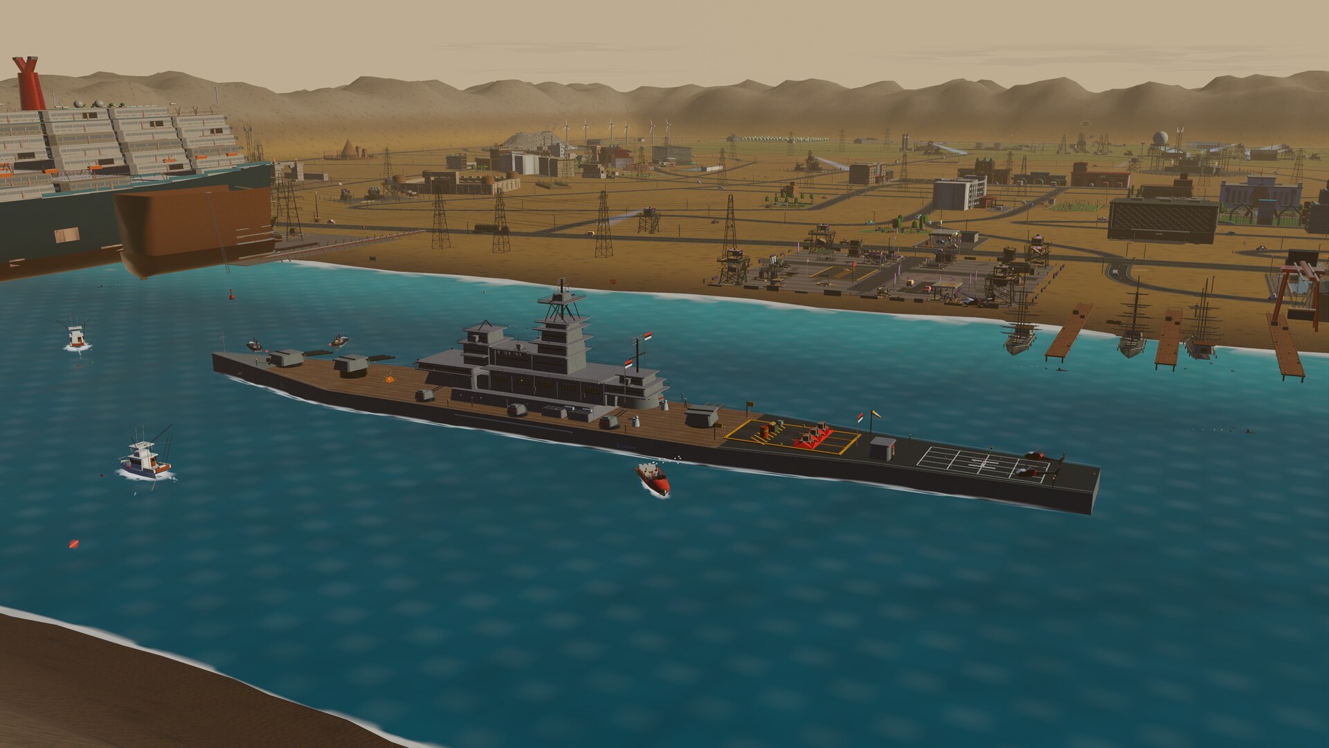 The battleship Simorgh under way off the Tondbad coast, escorts alongside