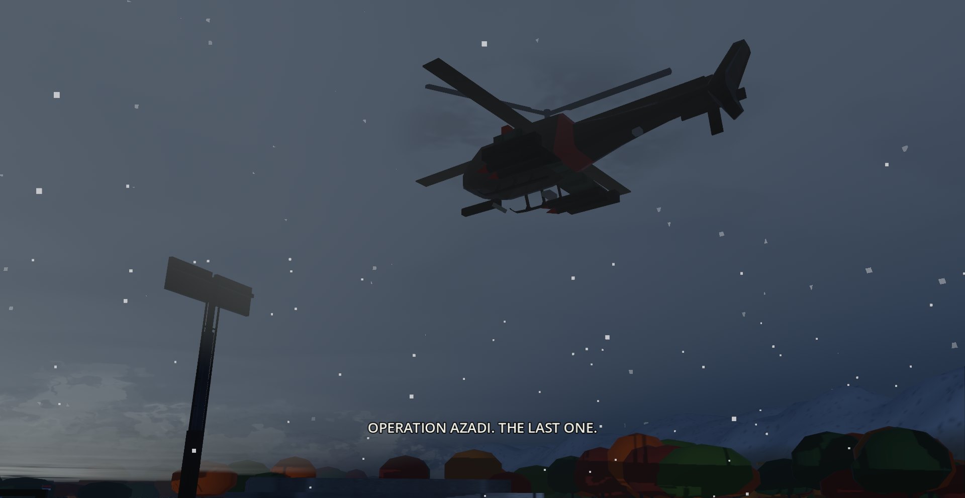 The gunship passing overhead against snowfall at dusk