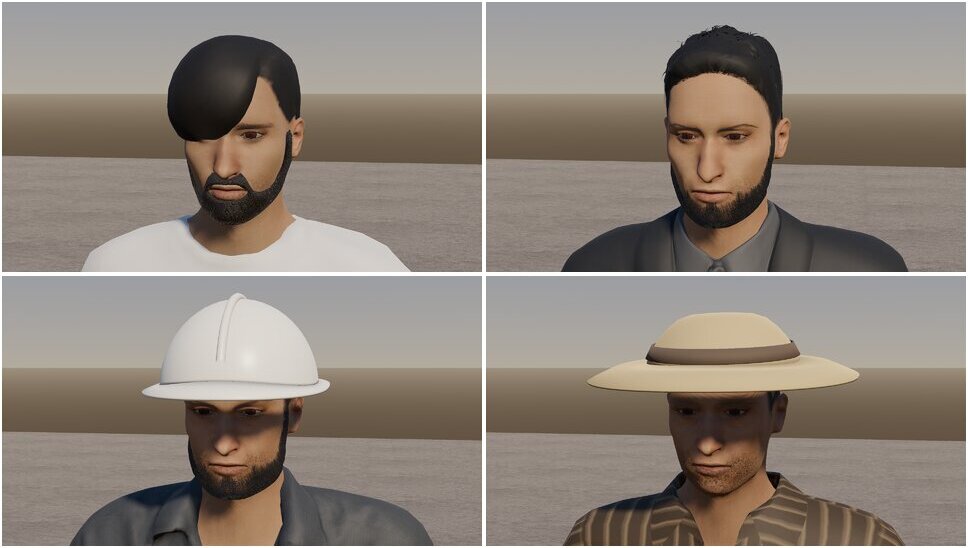 Four men of the Parsava coast: two bearded, one in a hard hat, one in a sun hat