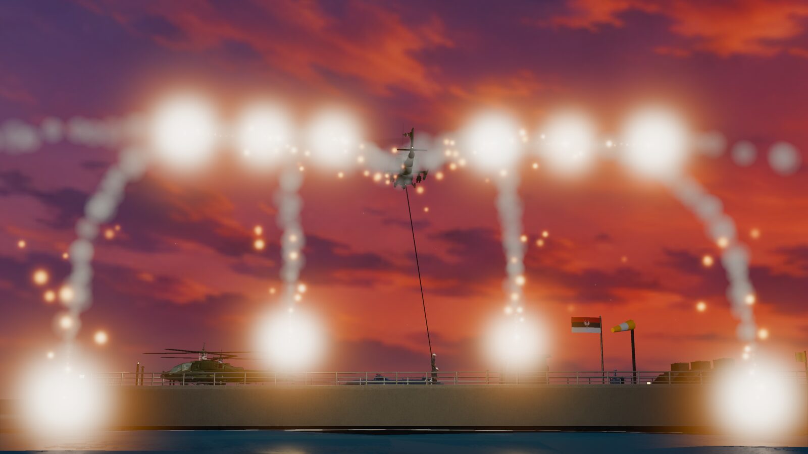 A gunship over the battleship deck at sunset, a full salvo of flares arcing out on smoke trails