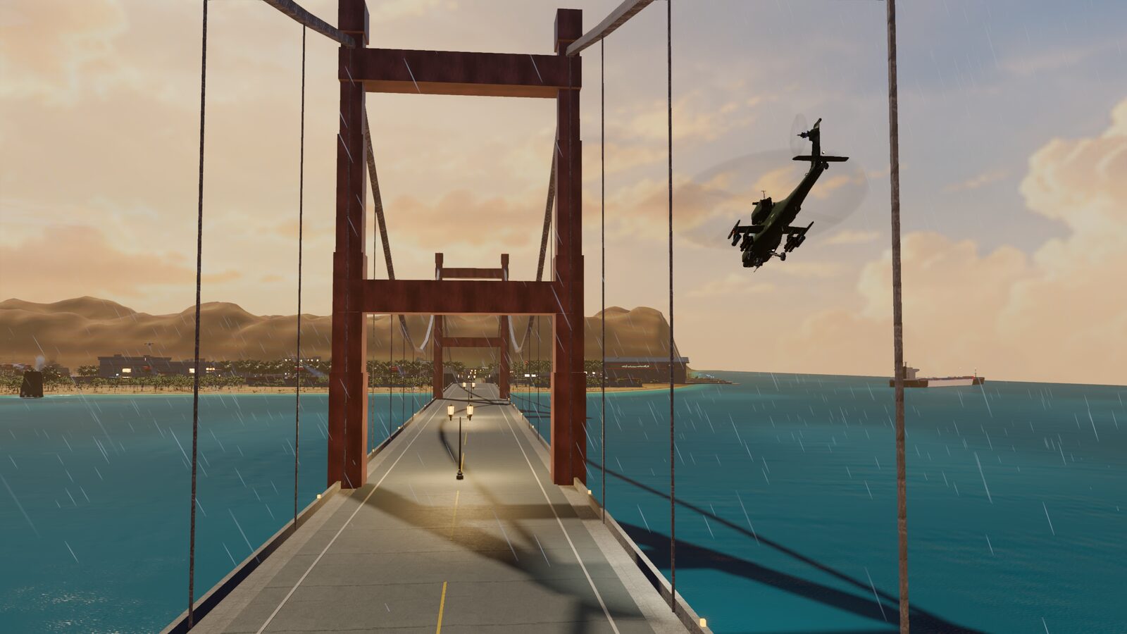 A gunship banking past the suspension bridge tower as rain streaks across the strait