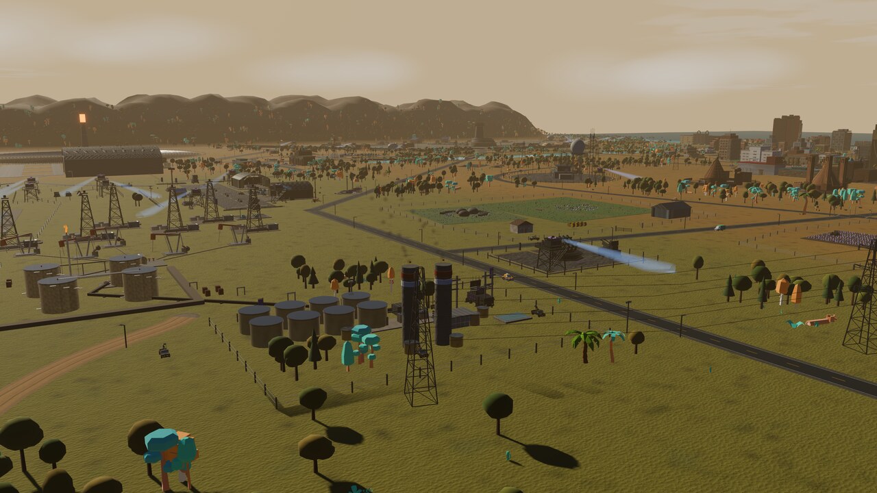 The oil-fired power station: turbine hall, twin stacks and fuel tanks