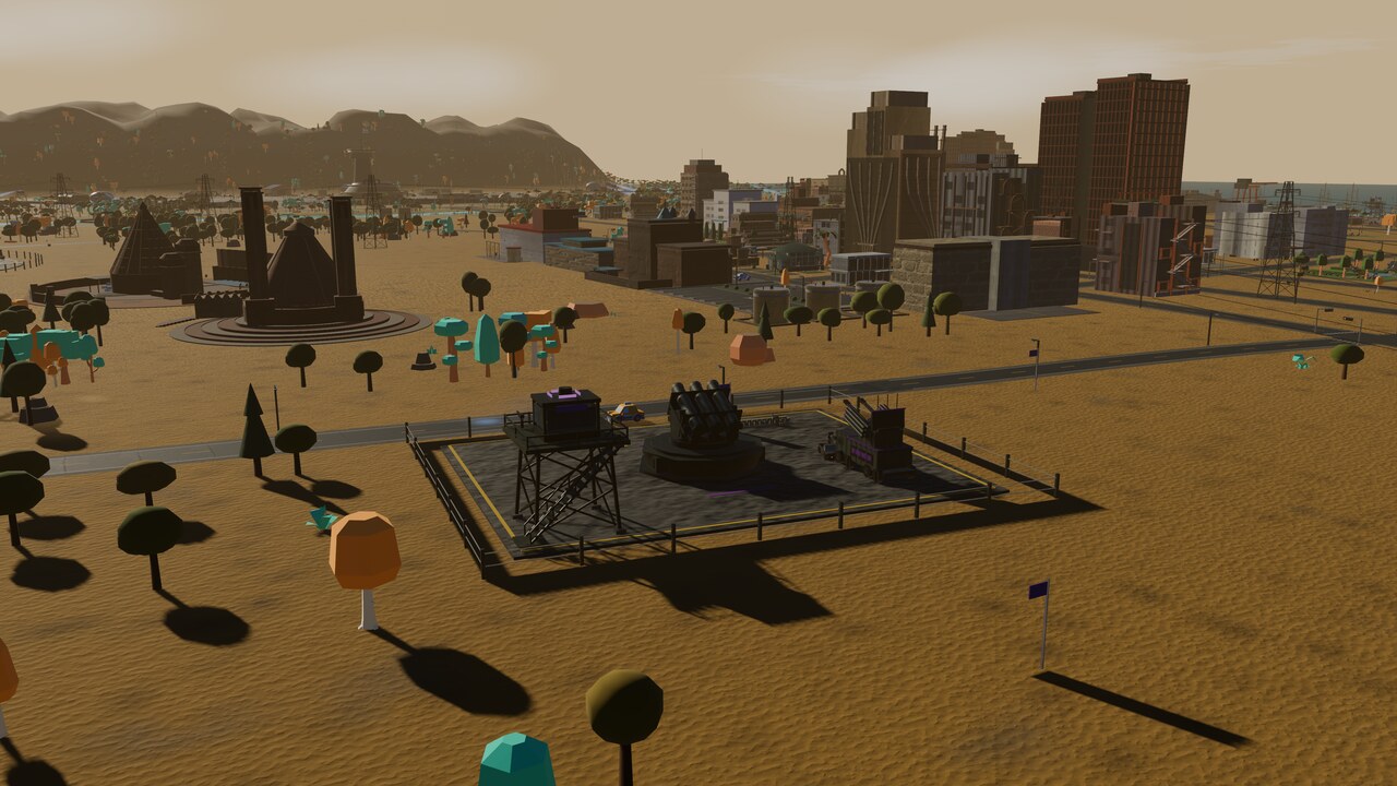 A SAM battery on its pad, launcher trained, town skyline beyond
