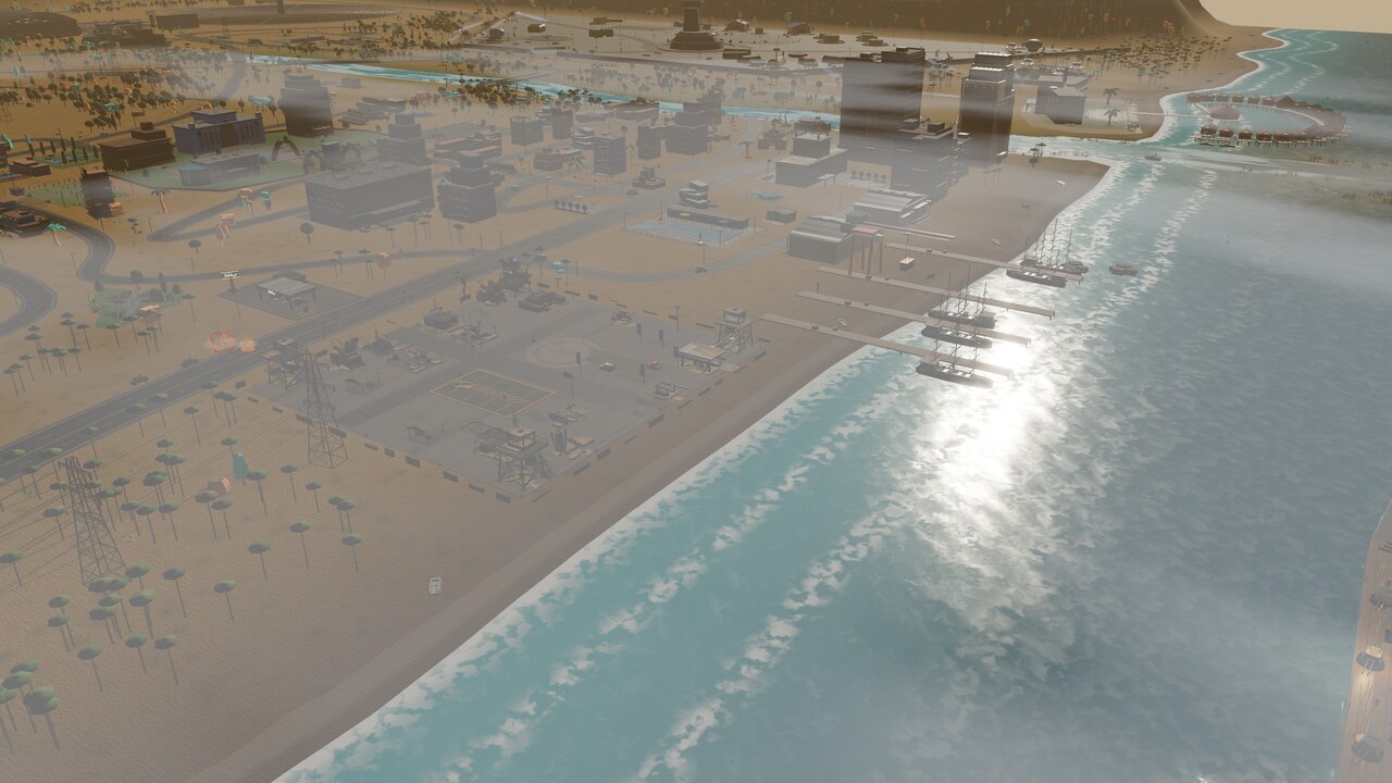 The restored beachhead: helipad, walls, watchtowers and hardstand beside the surf
