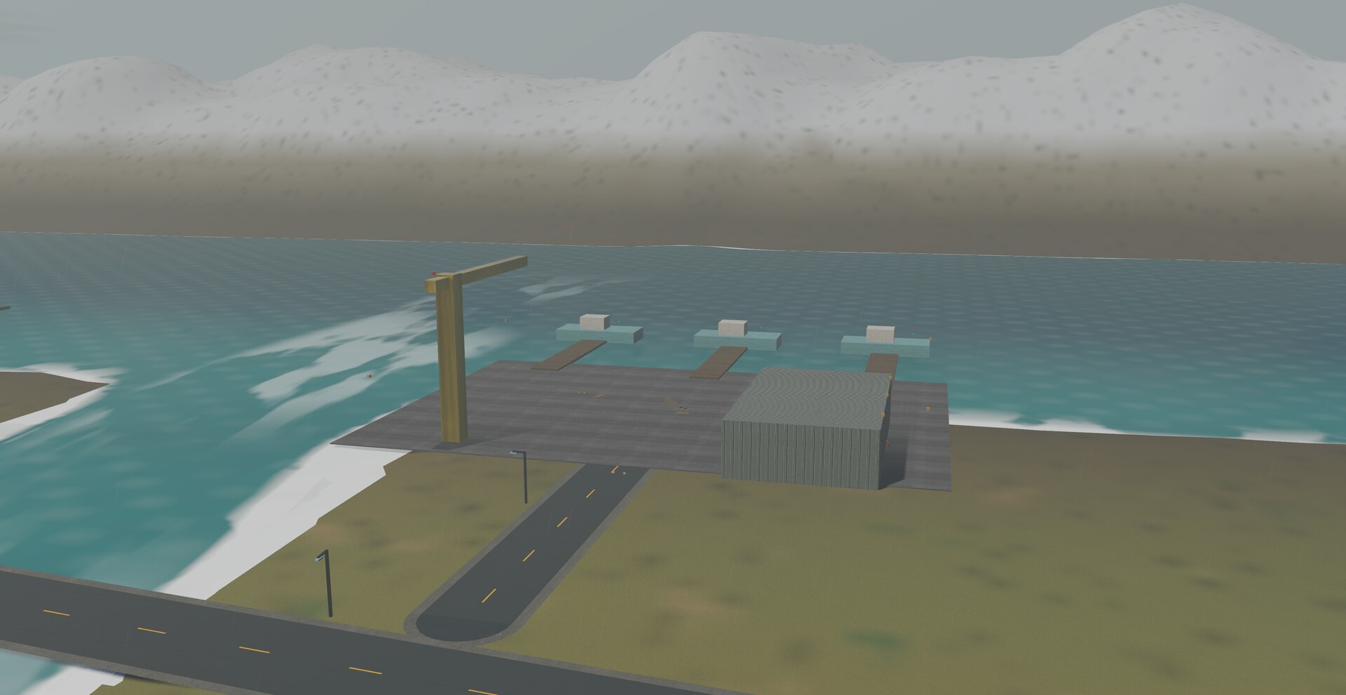 The Caspian harbor under autumn cloud, cranes over the quay