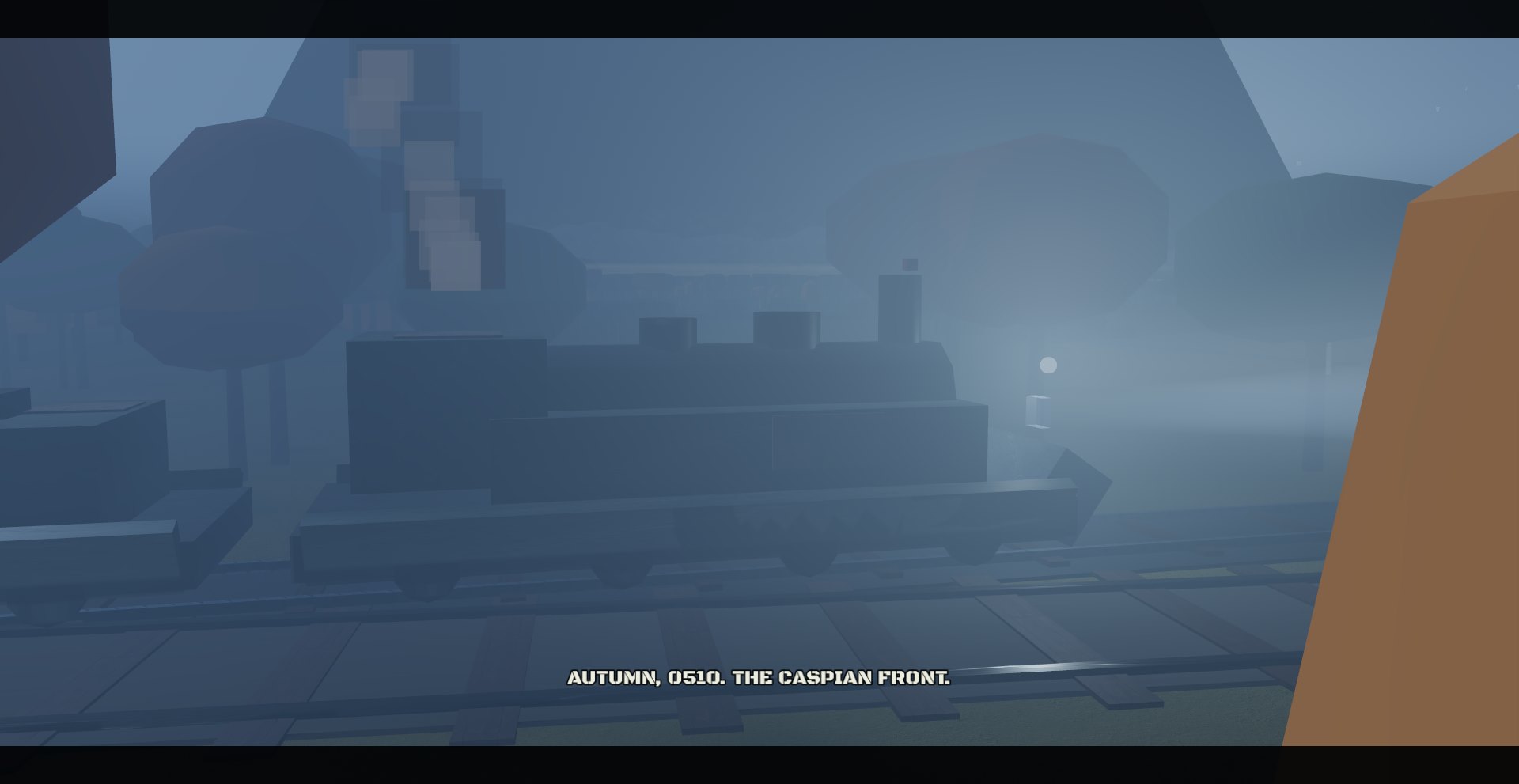 The armored battle train looming out of Caspian fog, headlamp burning