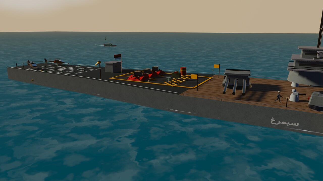 Block tarps rigged on the Simorgh's stern cargo yard, ready for the sling
