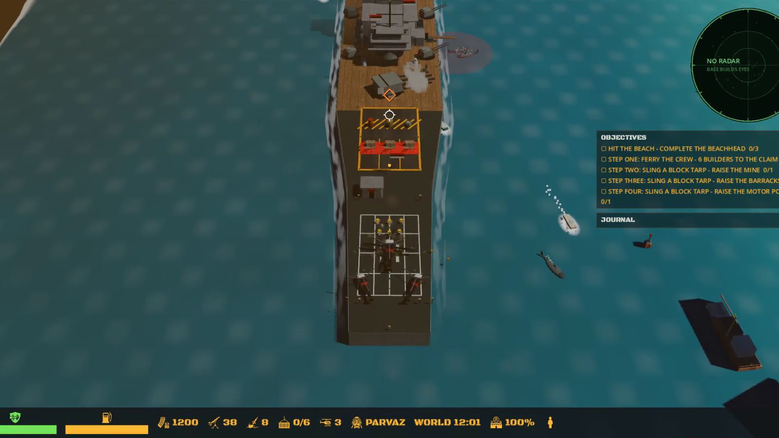 Top-down gameplay over the battleship deck with objectives and radar HUD
