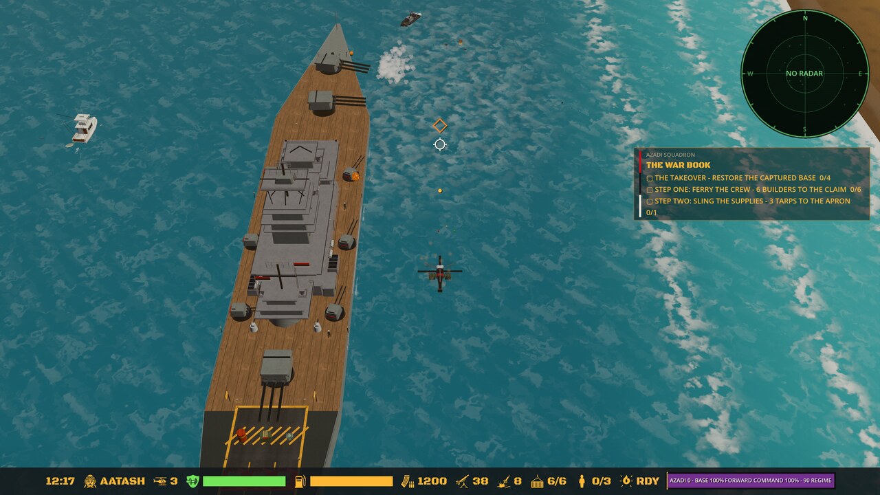 Top-down gameplay over the battleship deck with objectives and radar HUD