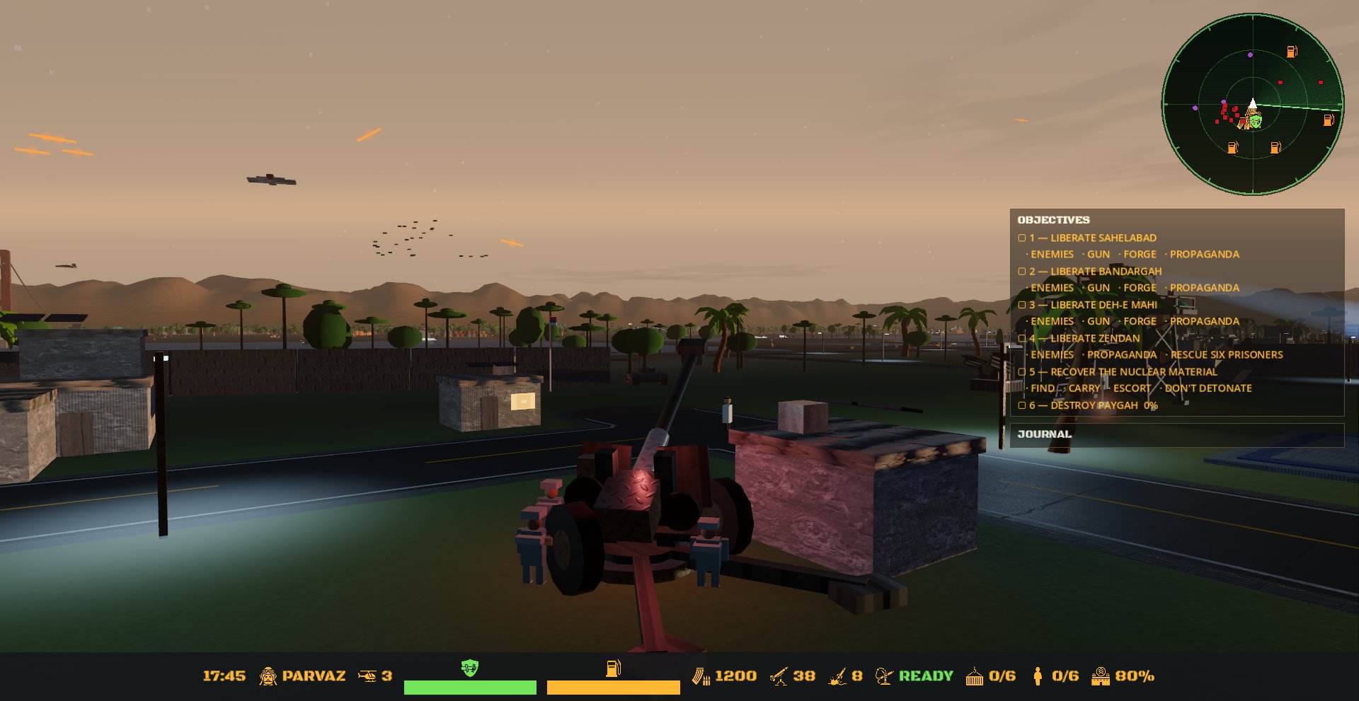The Bandar wall battery at dusk, drone swarm overhead and incoming fire streaking in