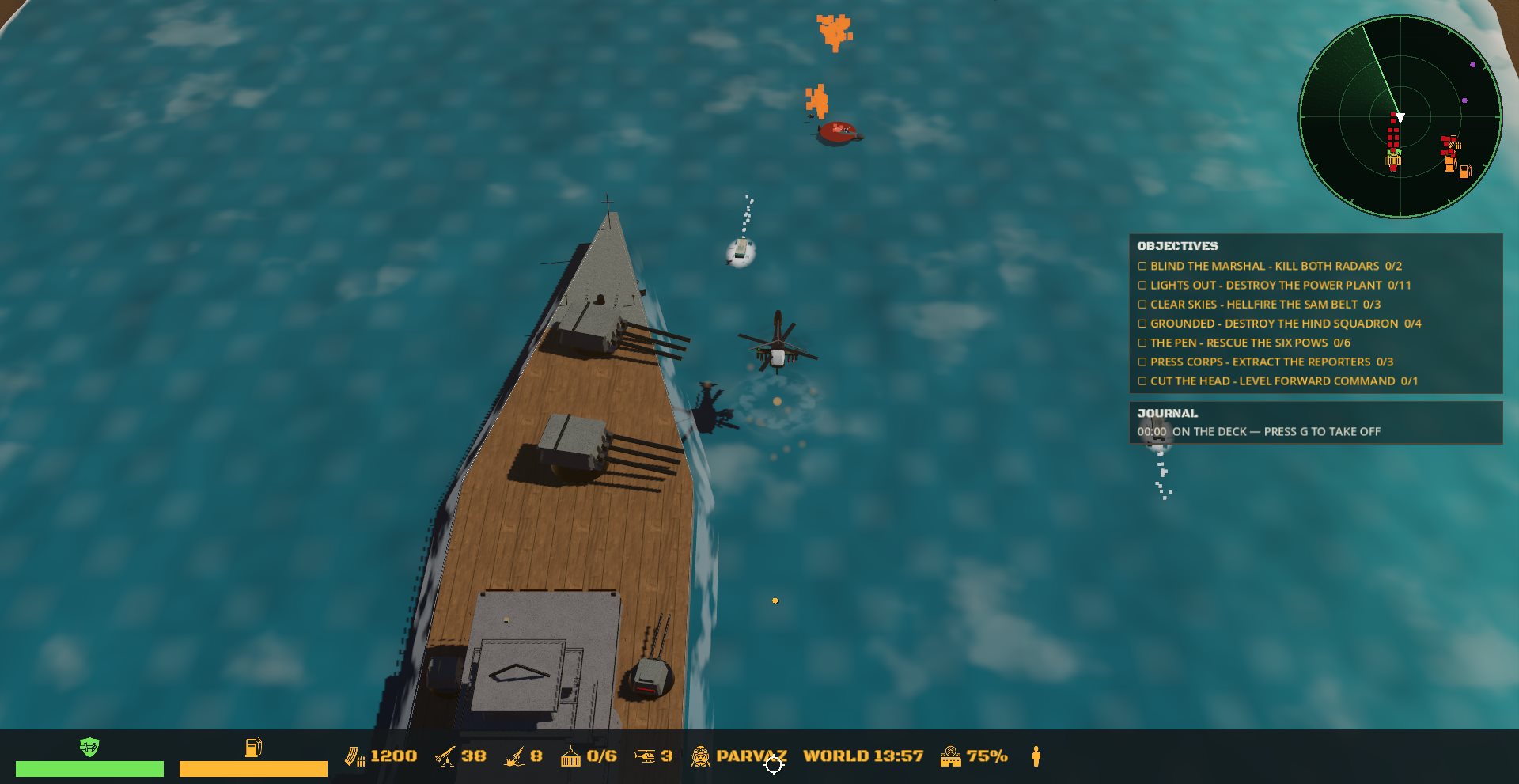 The battleship bow cutting turquoise water, the gunship alongside