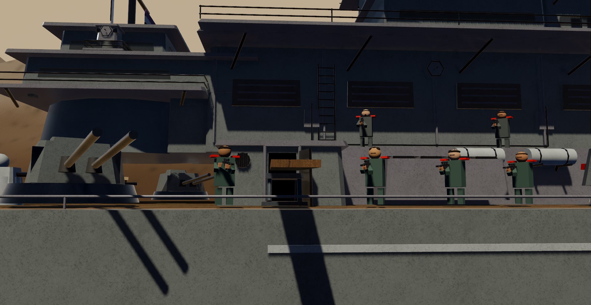 The rebel deck crew mustered along the battleship rail