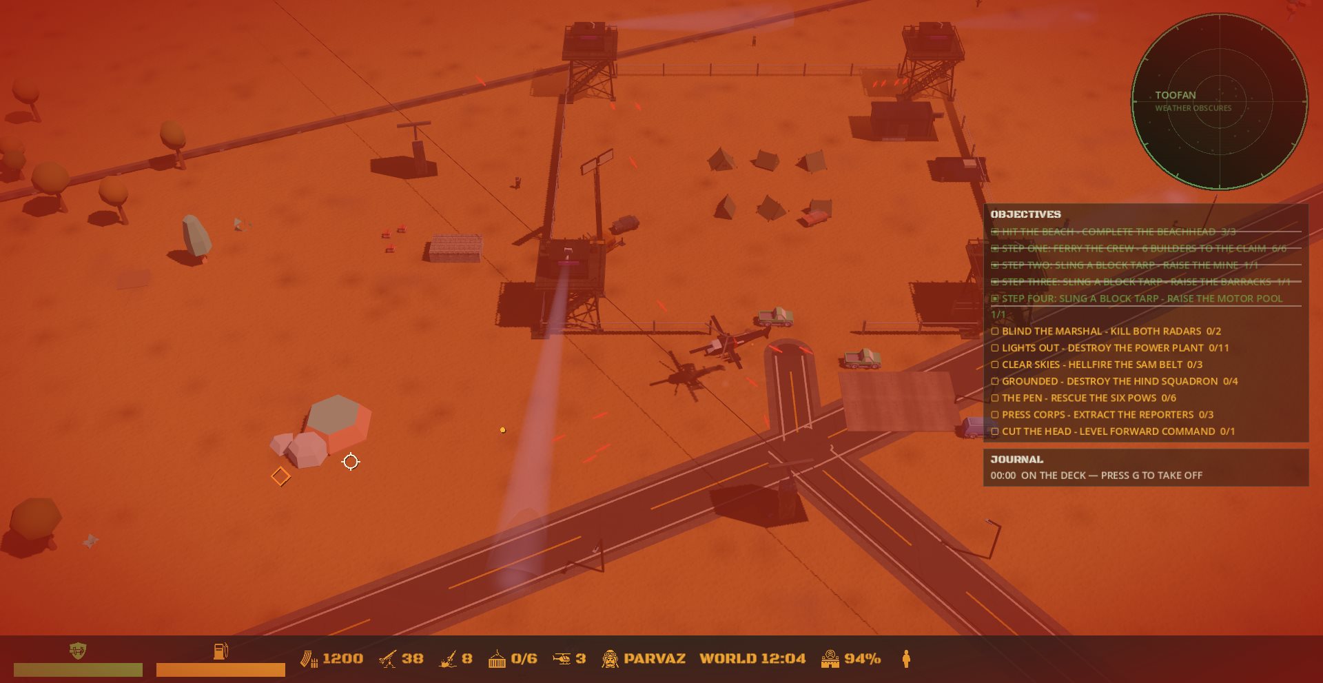 A camp drowned in orange dust storm, searchlights cutting the murk