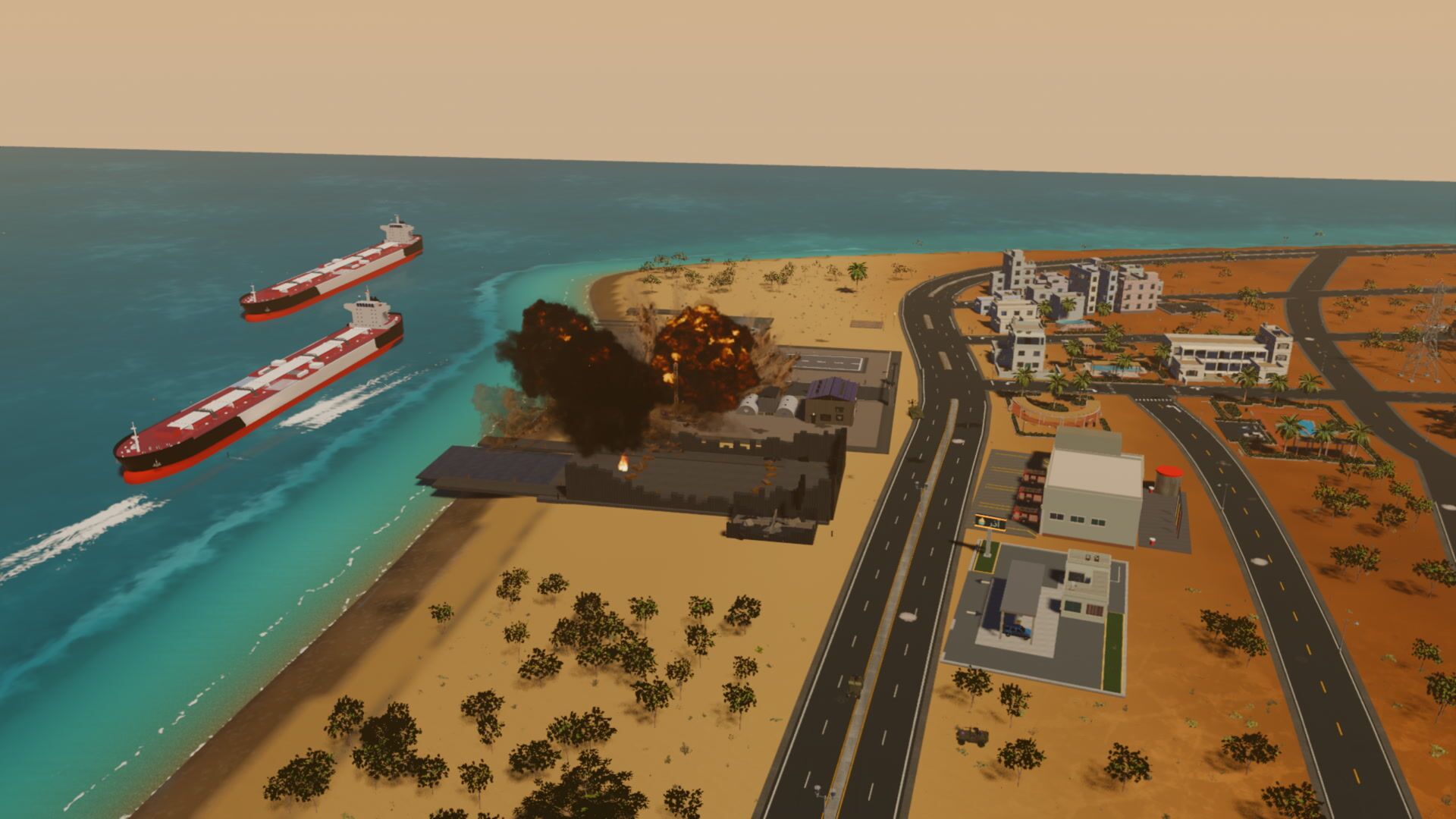 Tankers under way off the coast as artillery falls on the shore