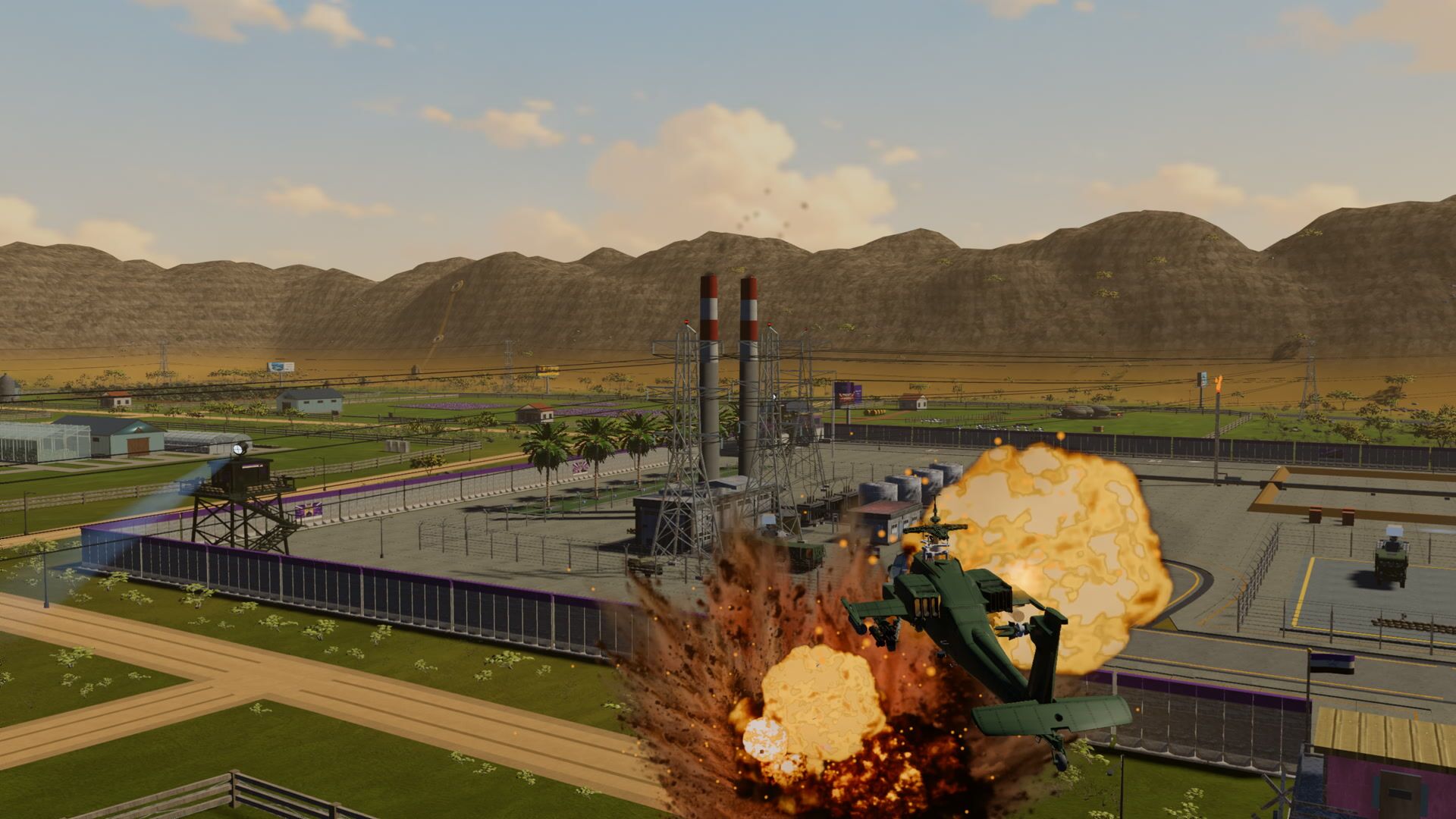 A gunship banking through the fireball as the tank farm goes up