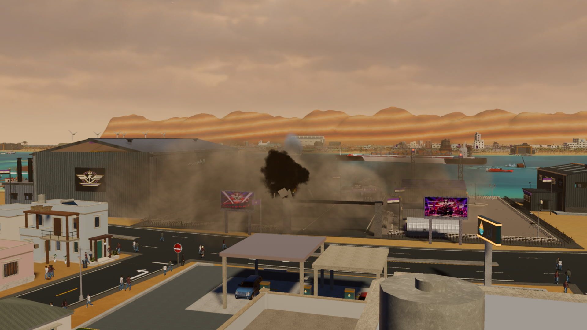 A regime building coming down in a cloud of dust in a harbor town