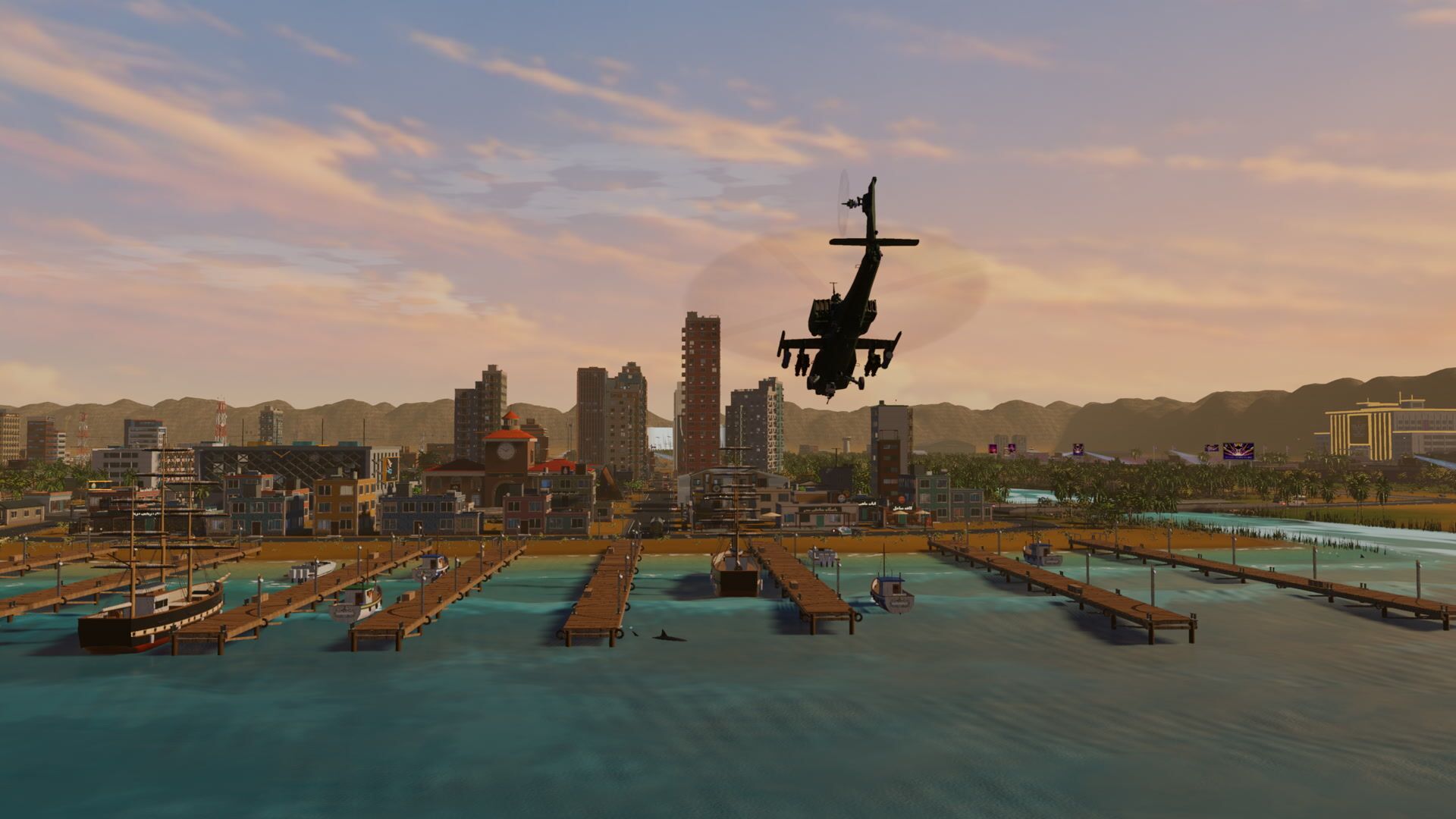 The gunship crossing the piers toward a coastal city at sunrise