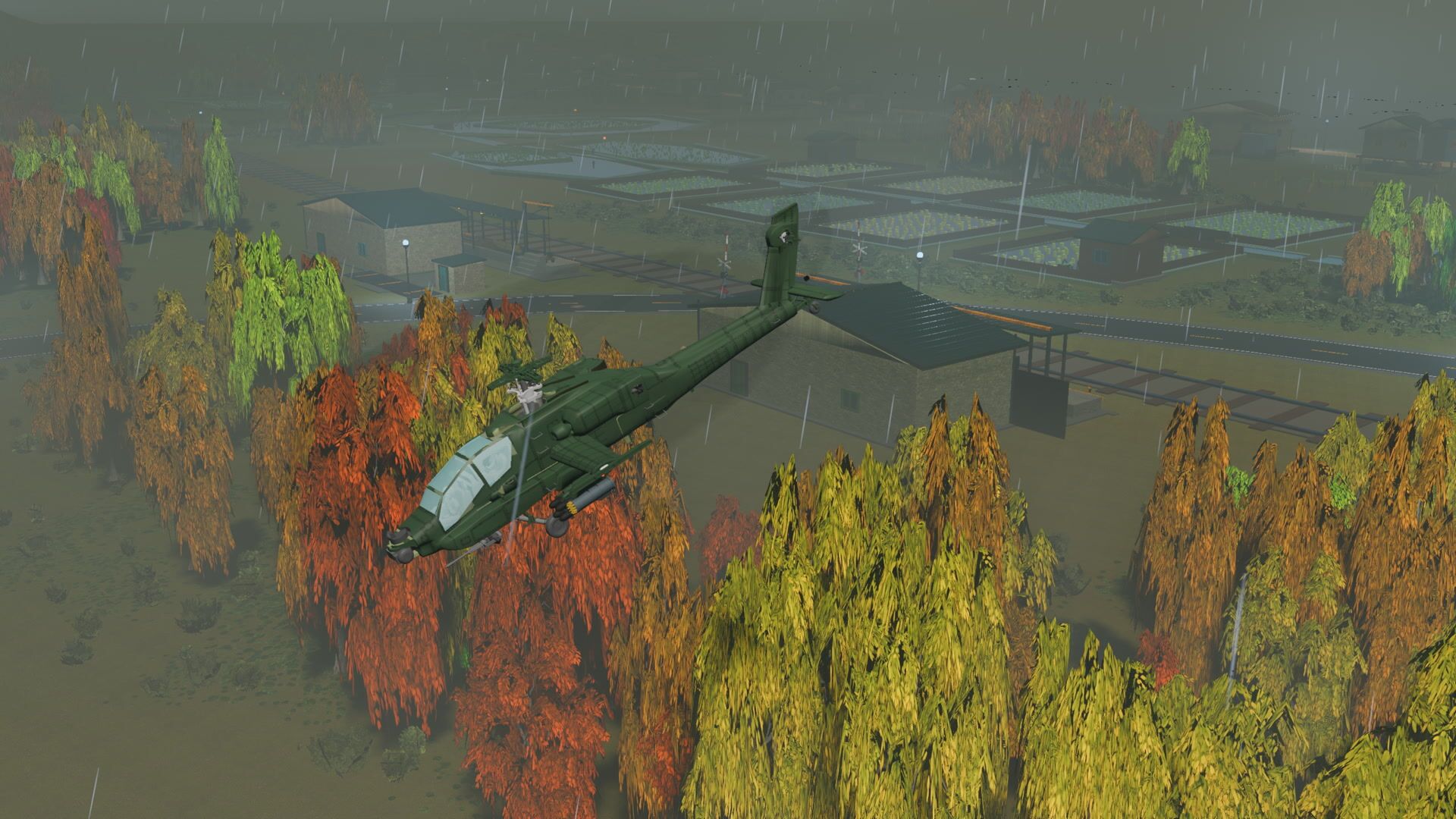 The gunship coming out of the fog over autumn forest and flooded paddies