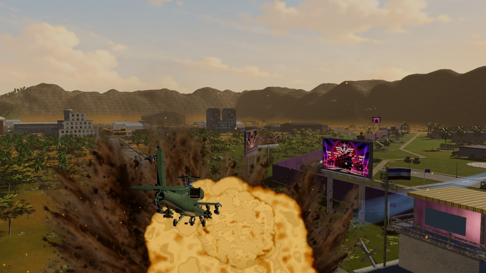 A gunship on a gun run, impacts erupting below the nose