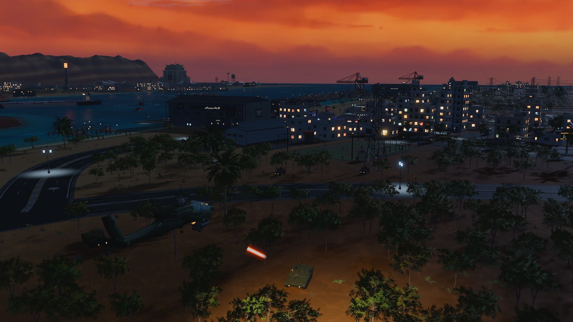A gunship over a town at dusk, its laser streaking toward an incoming drone