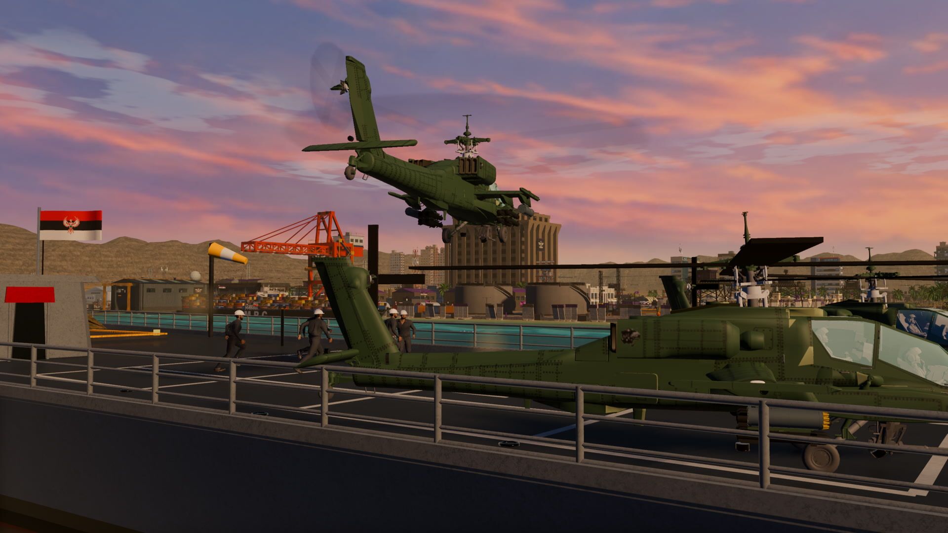 The gunship lifting off the battleship's pad as a second bird waits on deck