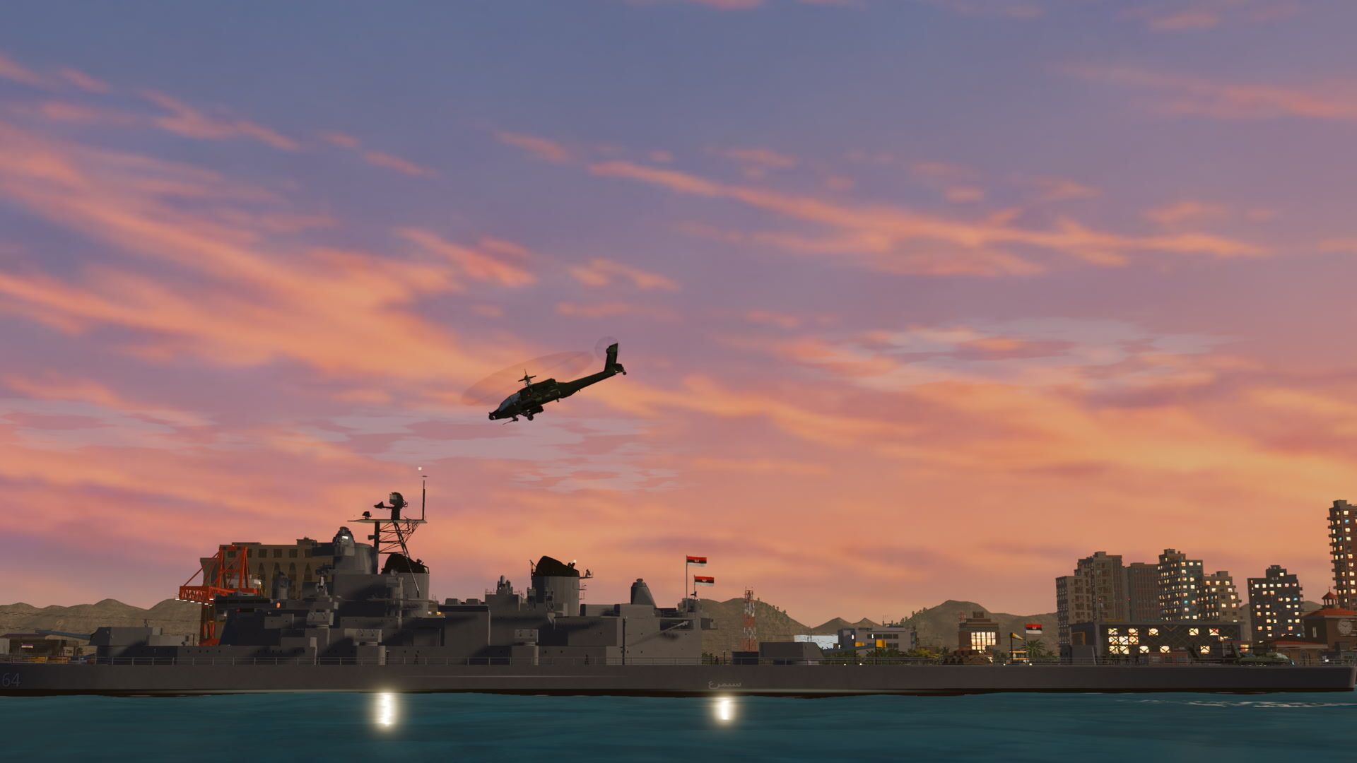 The gunship passing over the battleship and the coastal city at sunrise
