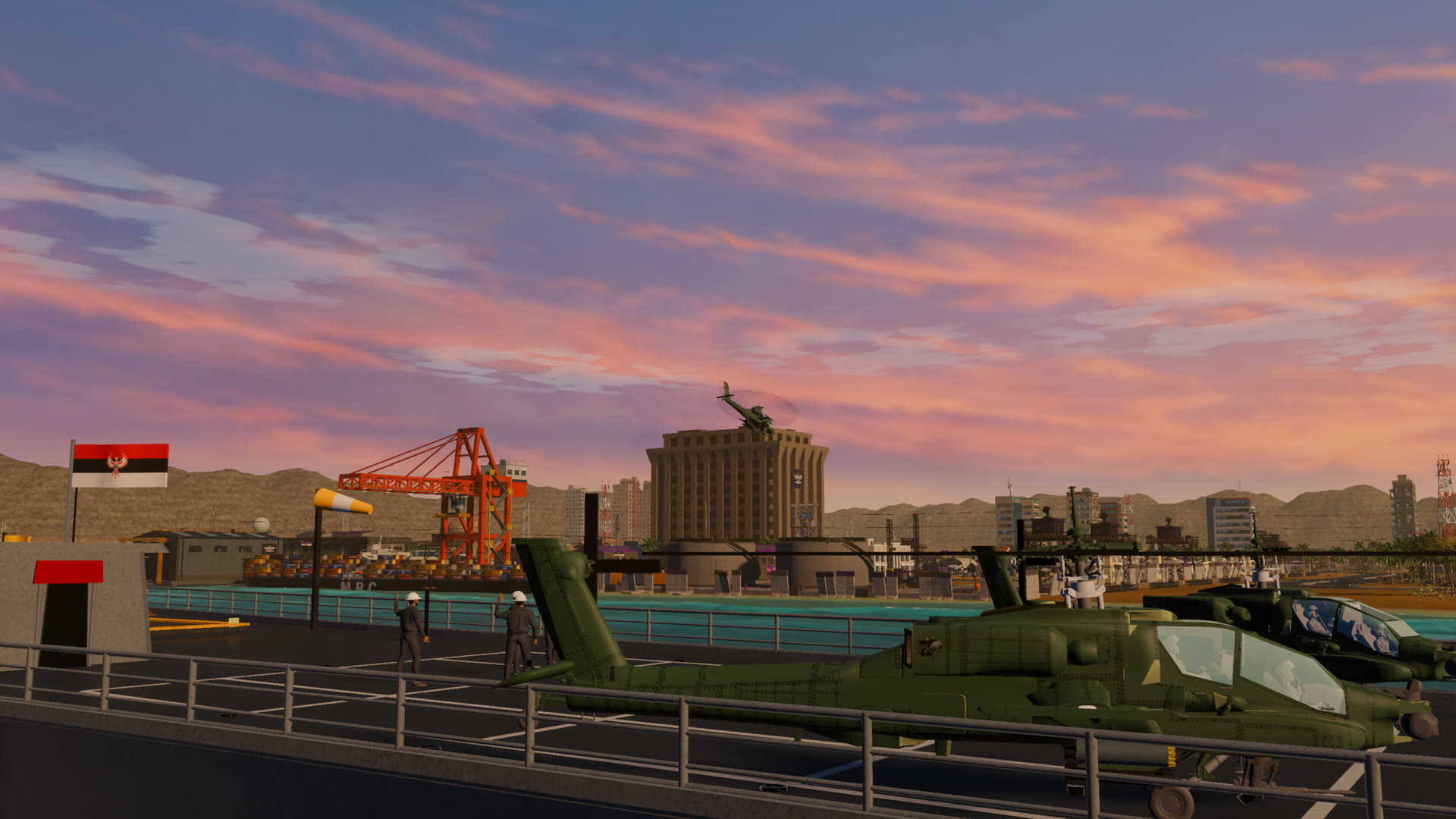 Gunships parked on the beachhead pad at dawn, the port cranes and flags beyond the rail