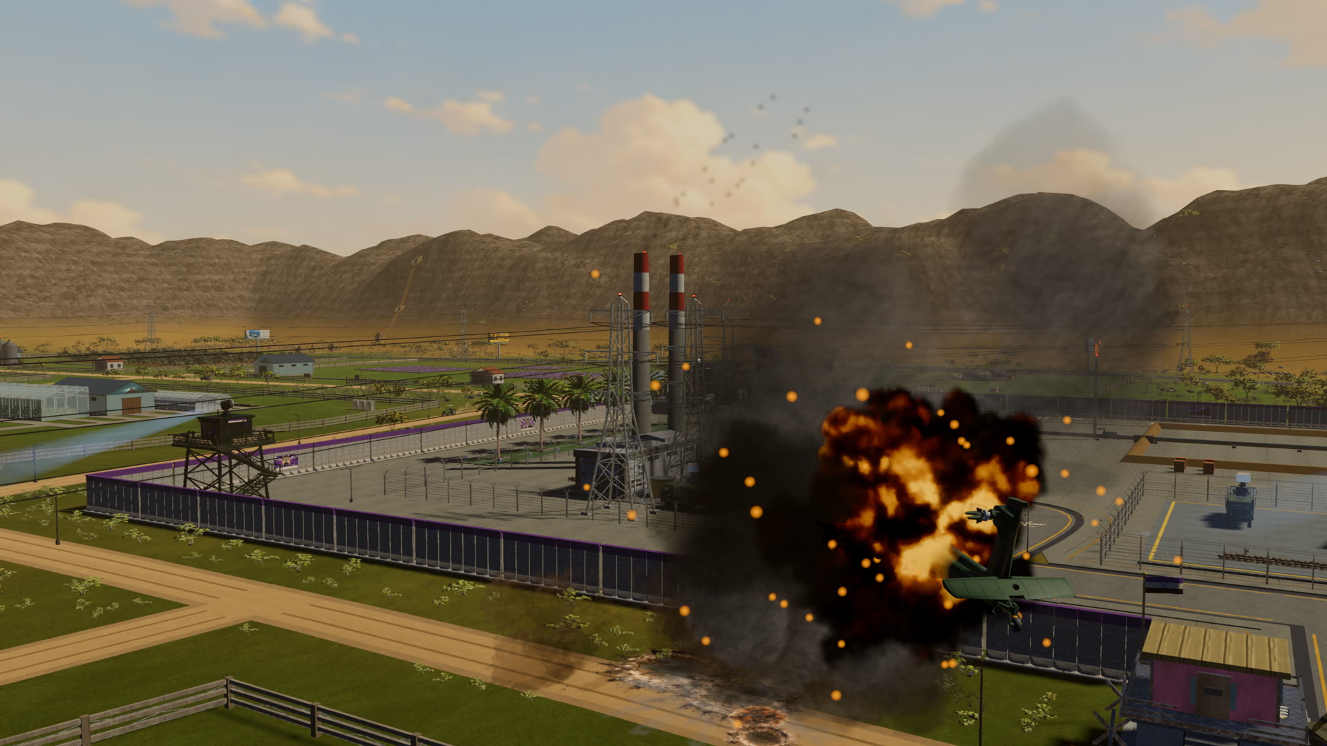 The power station burning after a strike, a gunship climbing out of the smoke