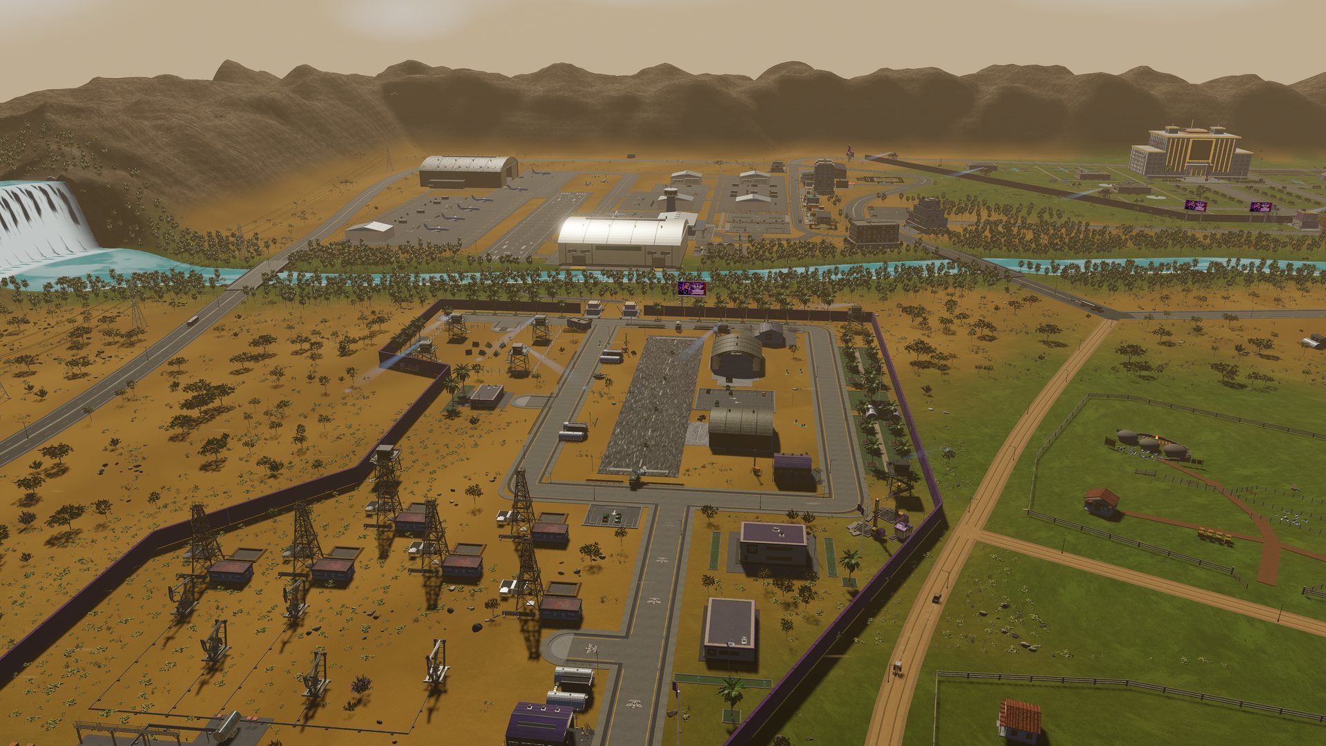 The regime airstrip: runway, apron, hangars and floodlight masts