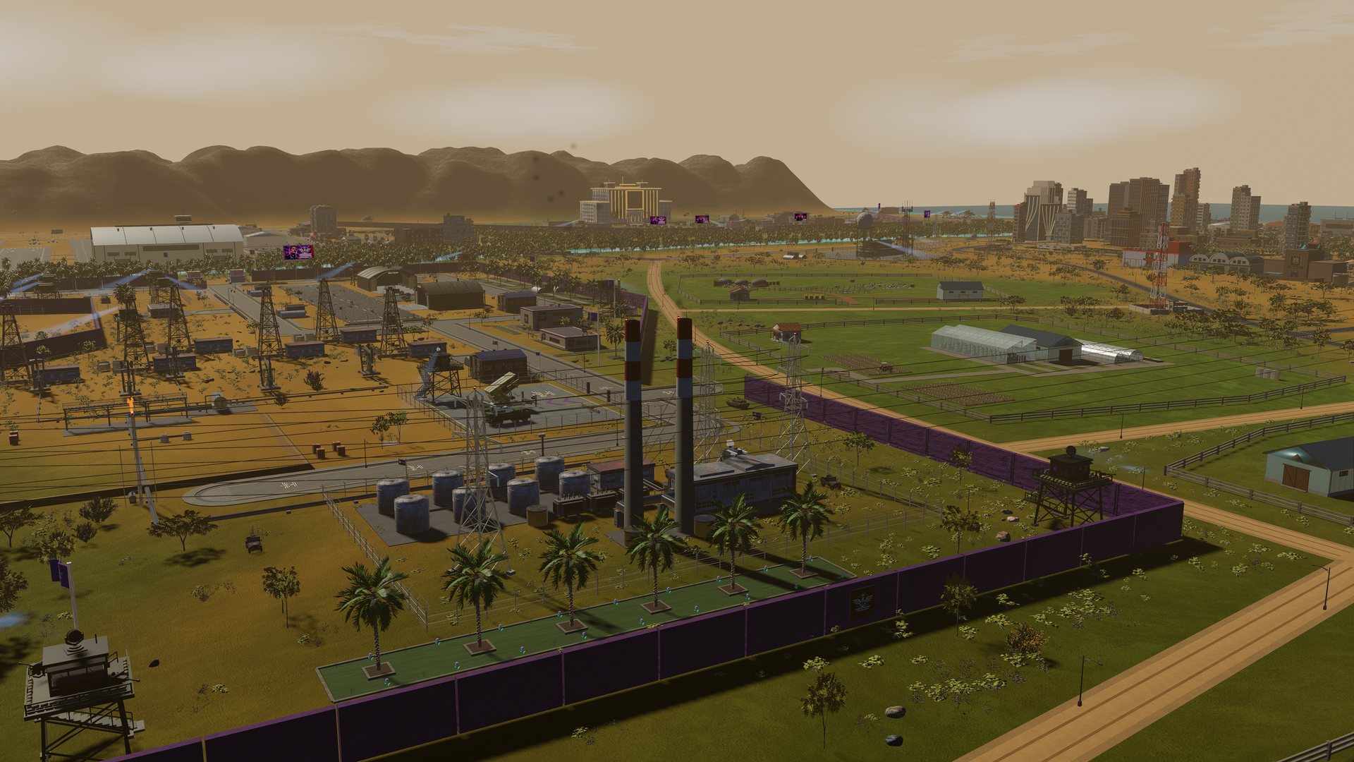 The oil-fired power station: turbine hall, twin stacks and fuel tanks