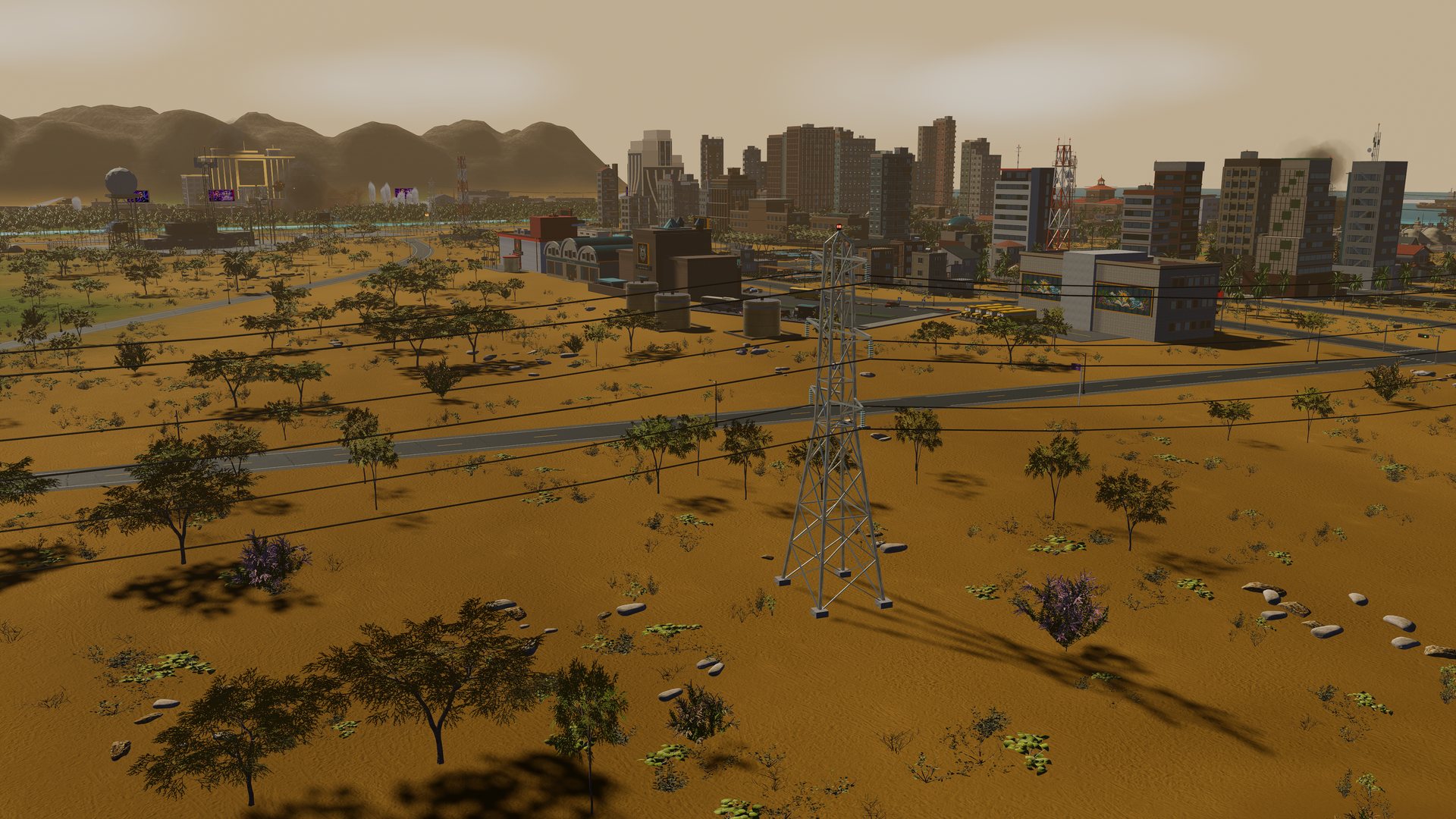 The SAM site in the dry scrub, the town skyline beyond