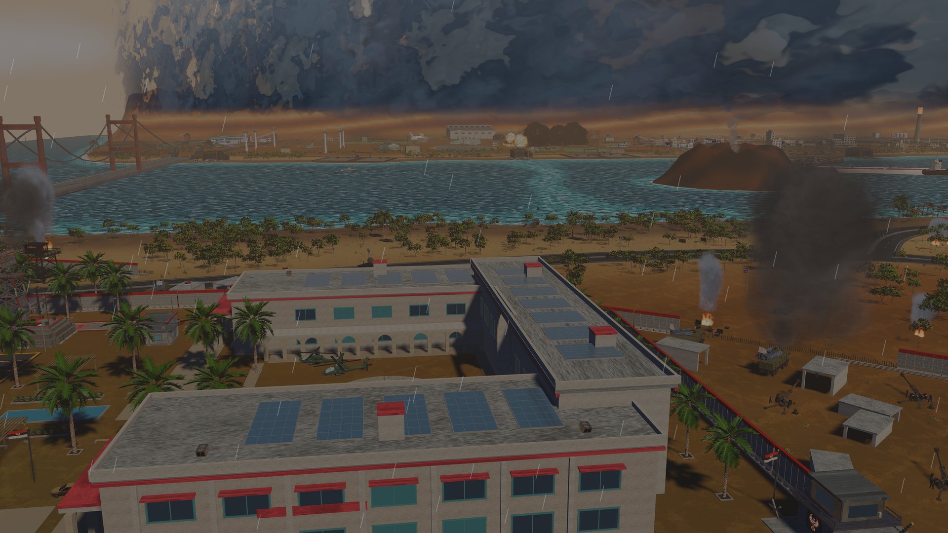 A war-quarter block under fire on the strait shore, smoke over the water