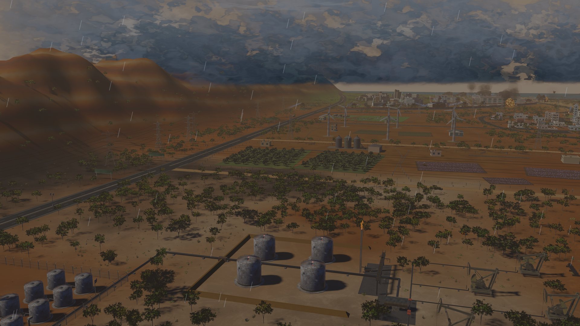 The west-shore refinery tanks under a smoke-dark sky