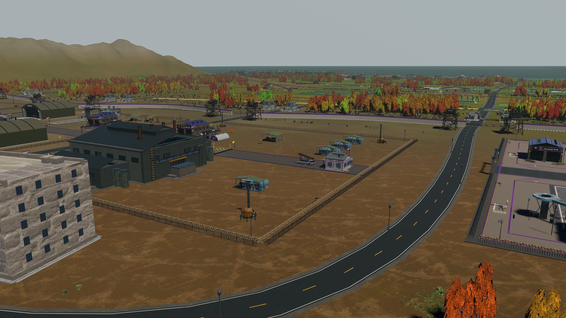 A regime pad by the orchards, gunships parked on the hardstand