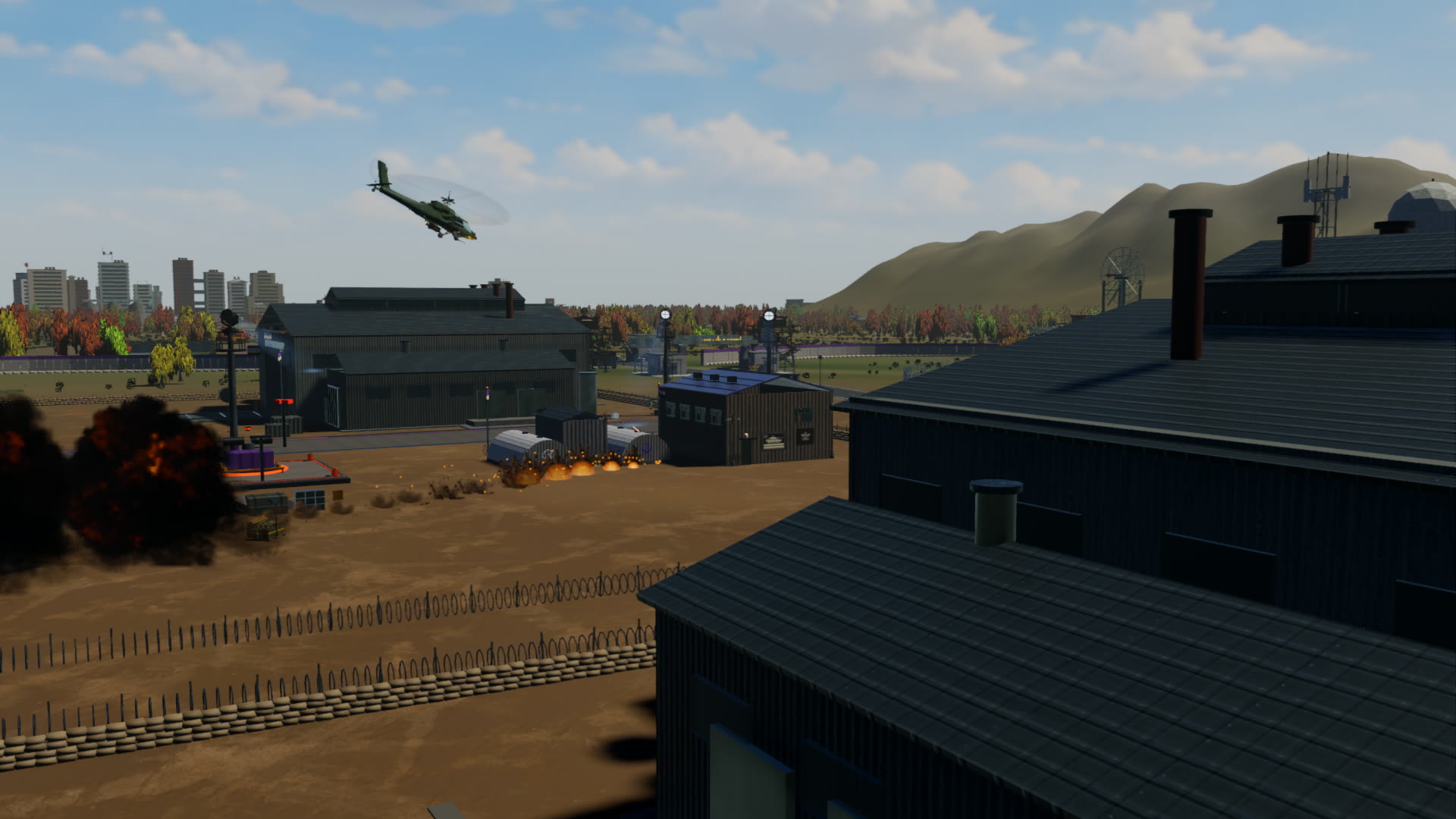 The gunship overhead against the autumn sky