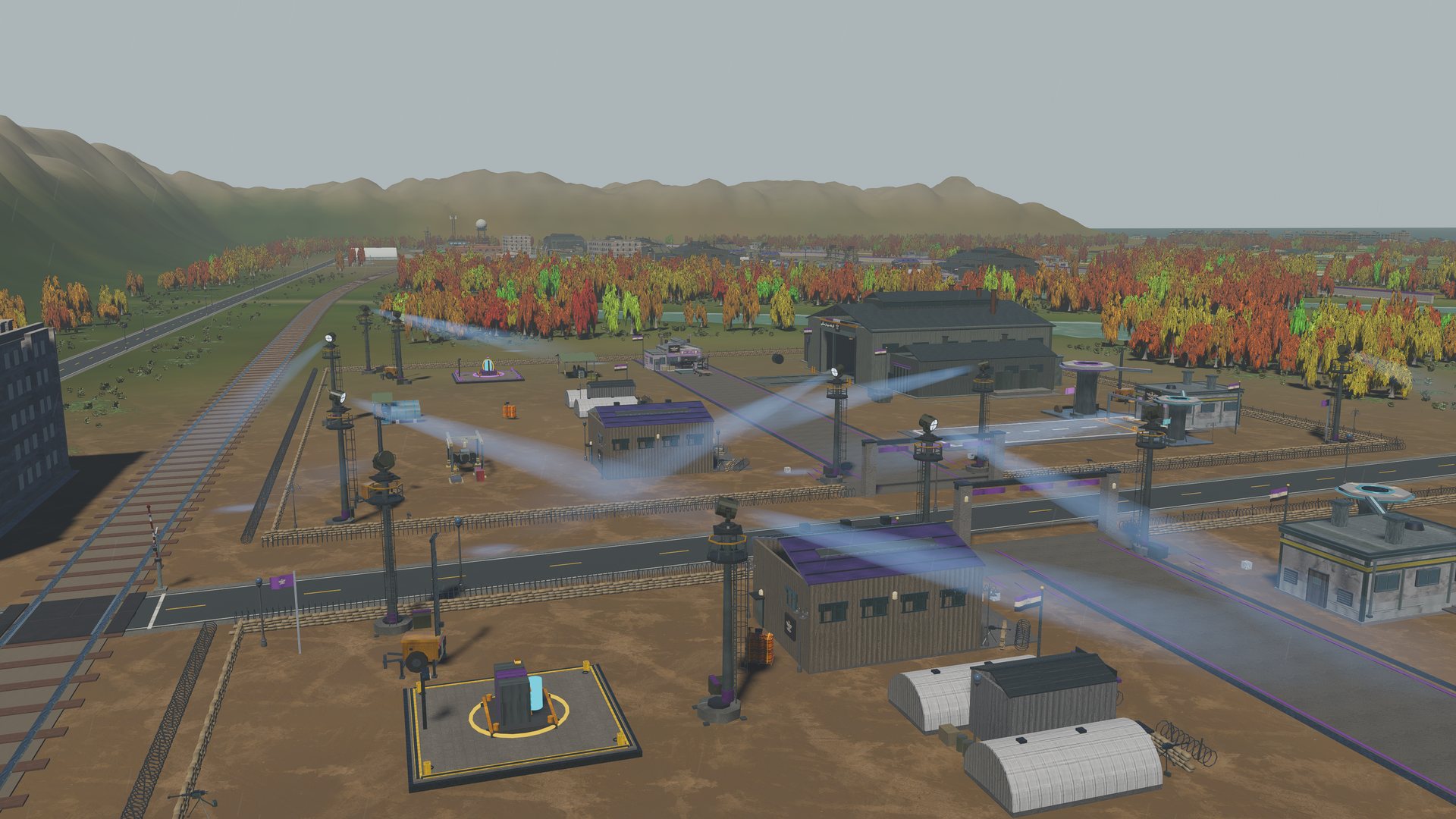The Shahin rail yard and its station, searchlights sweeping the tracks