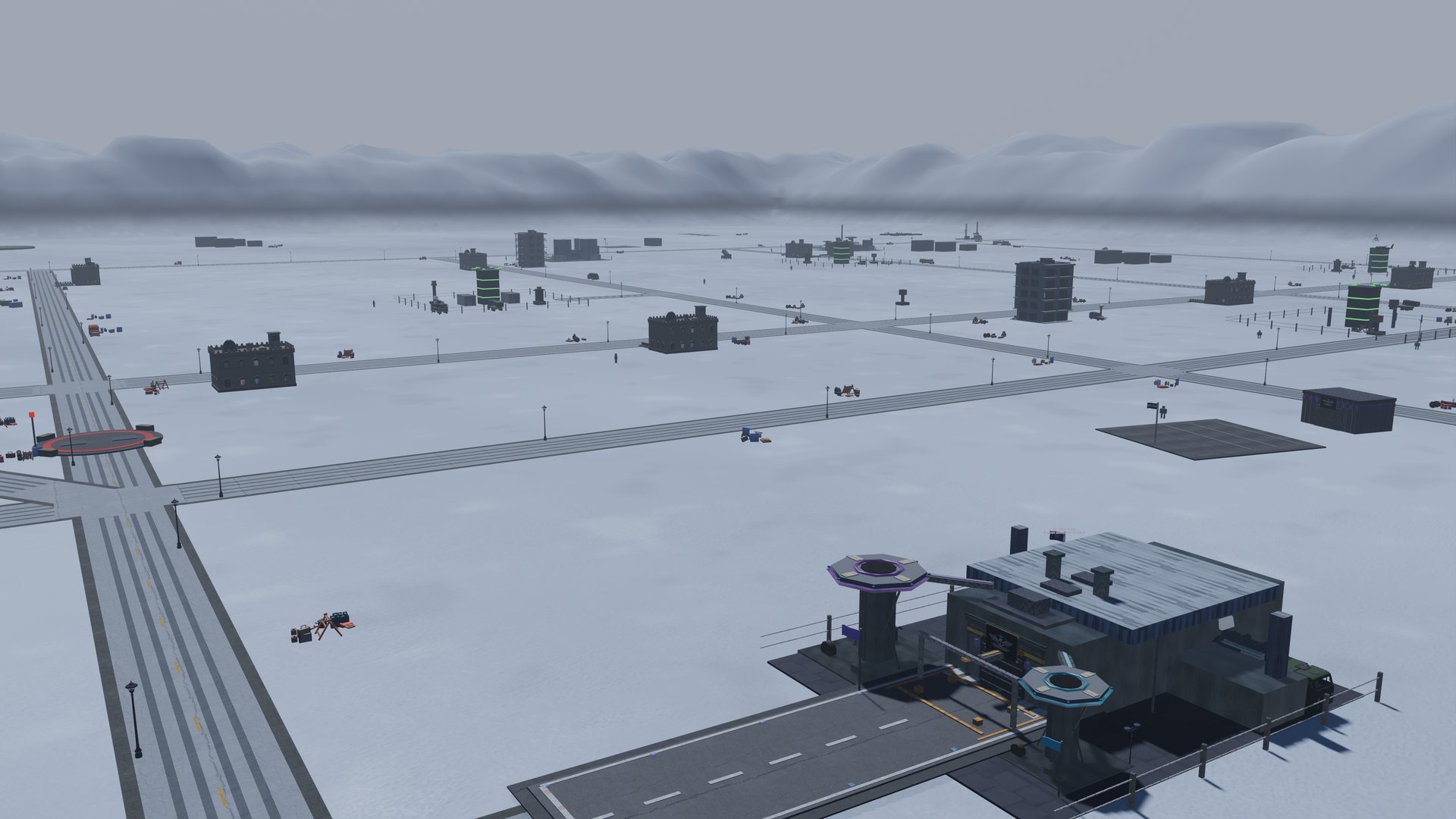 A war factory and its helipads on the snowbound basin, the road grid running to the horizon