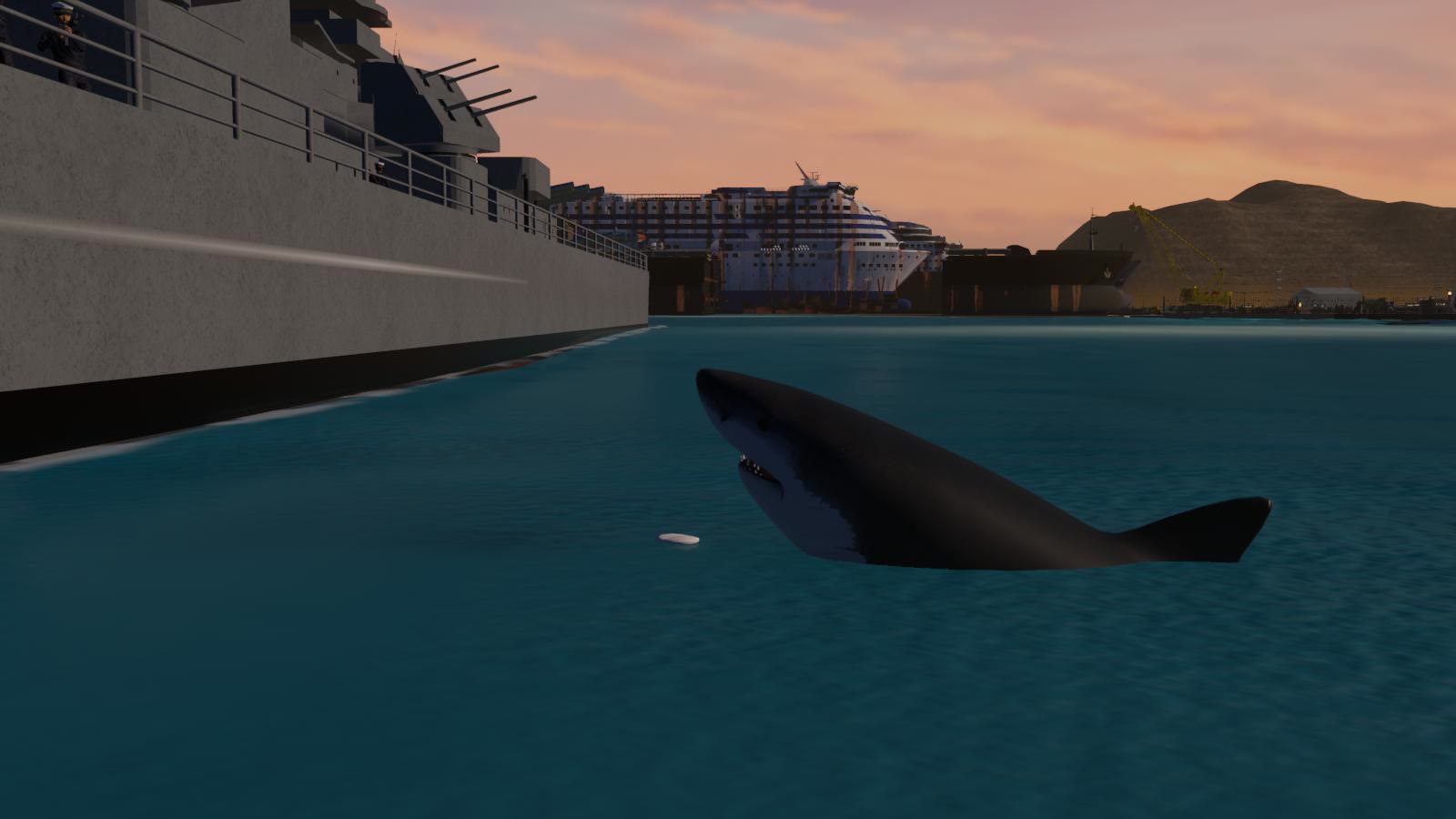A great white breaching beside the Simorgh's hull at sunset